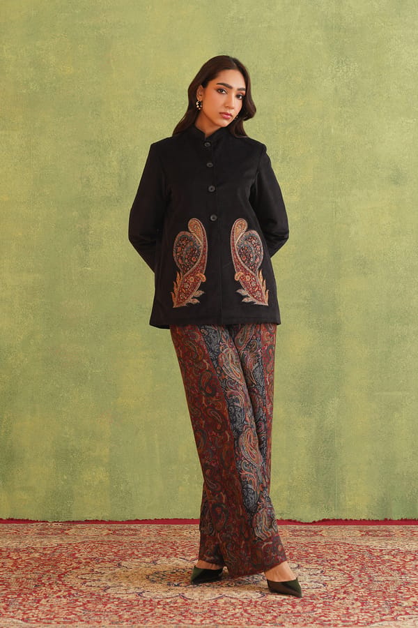 Black Corduroy Mandarin Collar Co-ord Set with Paisley Pants — INCHING INDIA