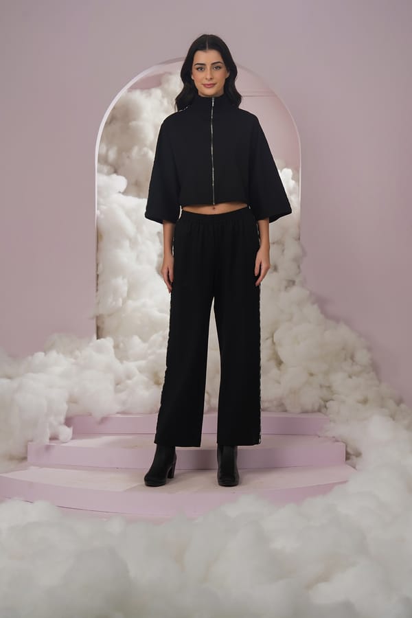 Black Cropped Zip-Up Cape-Sleeve Jacket — Chöjé
