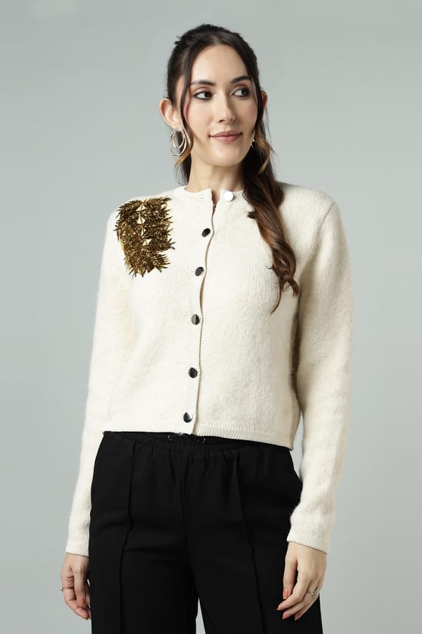 Off-White Cropped Knit Cardigan with Sequin Shoulder Detail — KAREN MILLEN