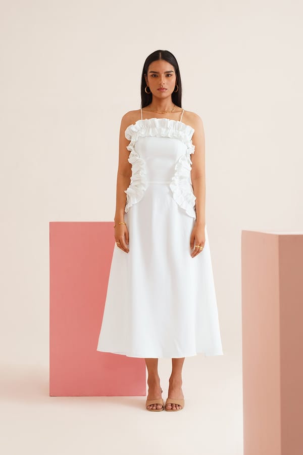 White Fit and Flare Midi Dress with Ruffle Detail — AMOSHI