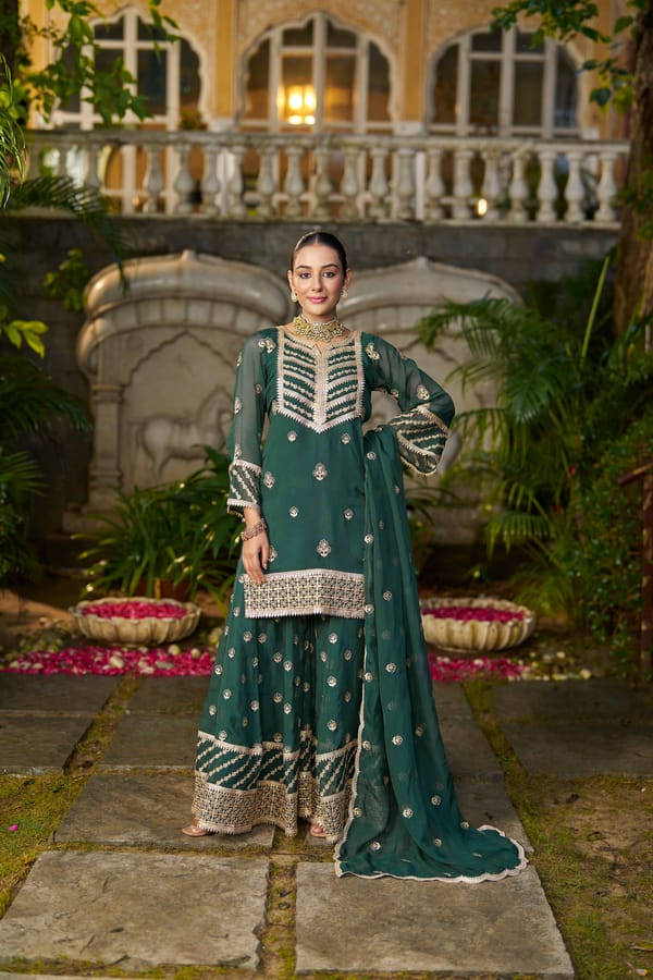 Bottle Green Organza Embroidered Kurta Sharara Set — NARAYANI VASTRA
