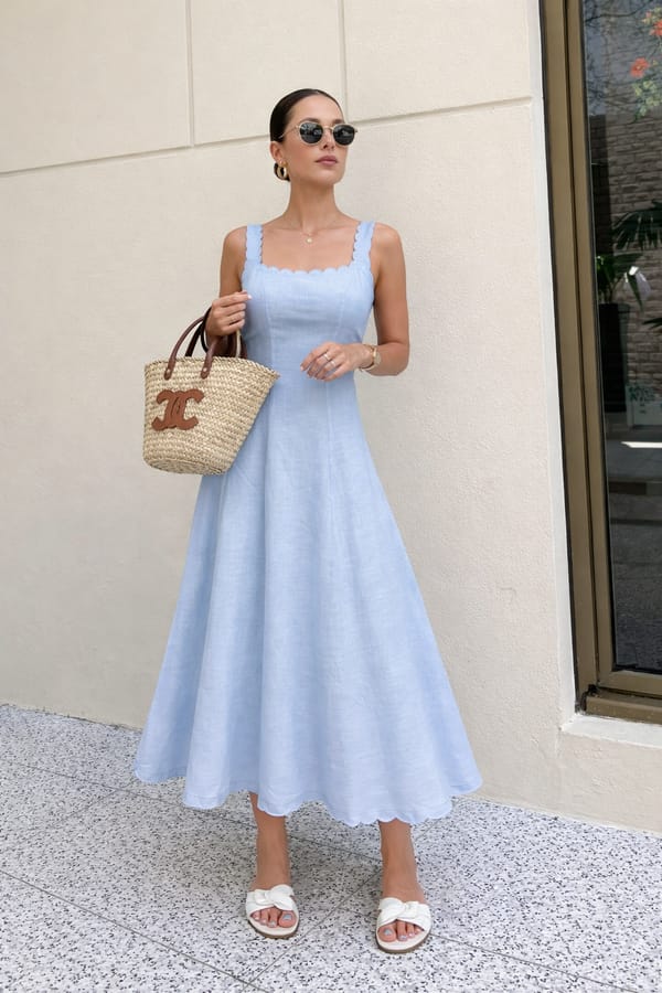 Ice Blue Linen Lyocell Fit and Flare Midi Dress — MOMENT BOMBAY
