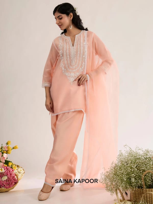 Peach Pink Chanderi Short Kurta Salwar Suit with Aari Work — SAINA KAPOOR