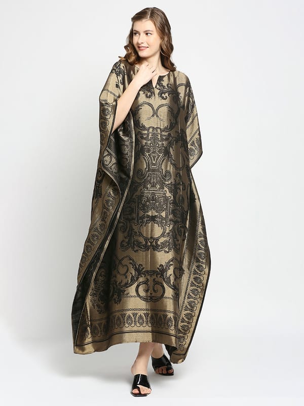 Black and Gold Metallic Brocade Motif Long Kaftan — Cloth Haus