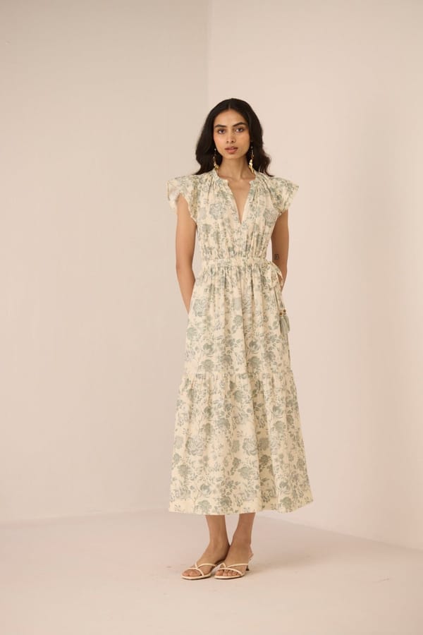 Cotton Linen Floral Tiered Midi Dress in Wildflower Sage — Calling June