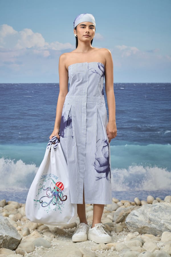 Blue Pinstripe Strapless Midi Dress with Abstract Print — Genes Lecoanet Hemant