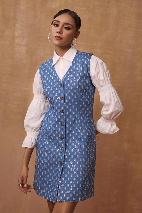 Metallic Denim Waistcoat Mini Dress with Shirt — BOHO-CHIC