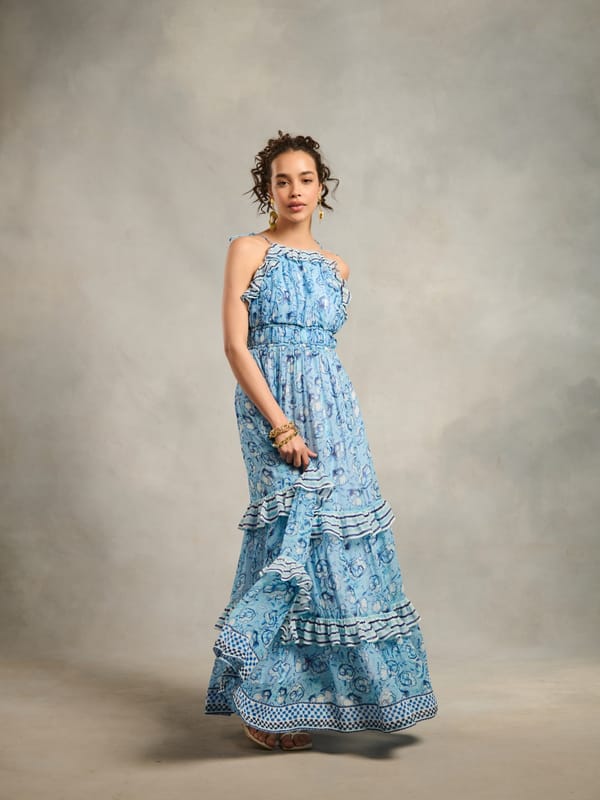 Blue Printed Halter Tiered Maxi Dress — Style Island