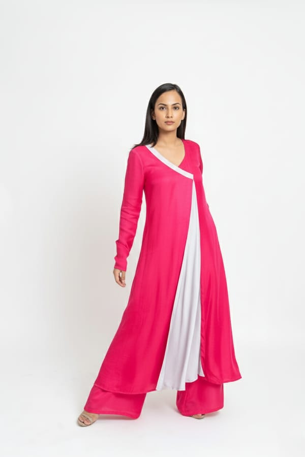Fuchsia and Grey Colorblocked Kurta Set with Wide-Leg Pants — Neora