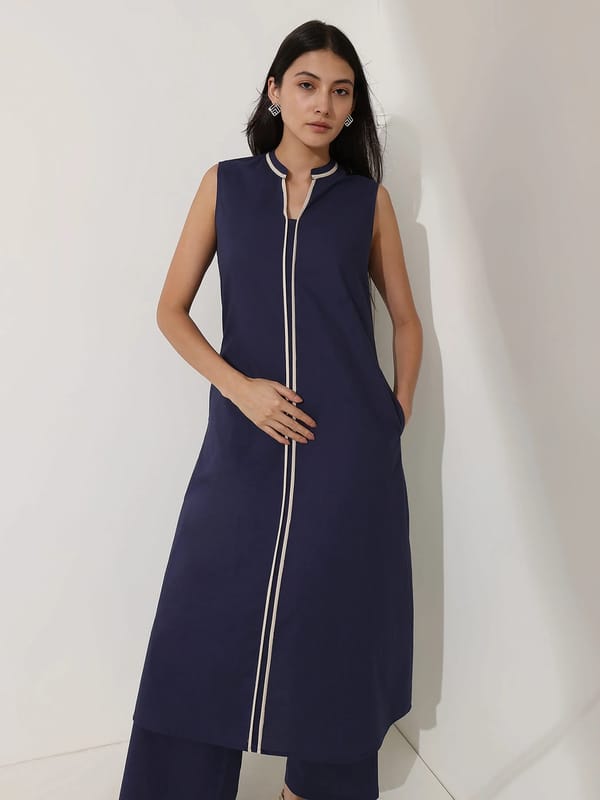 Cotton Colourblock A-Line Kurta - Navy Blue — Pink Fort