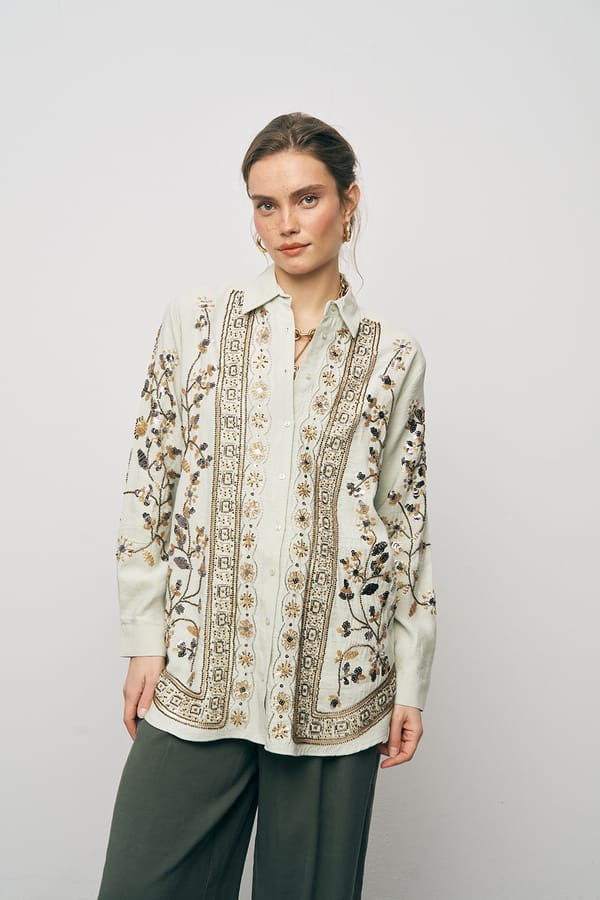 Mint Green Embellished Longline Button-Down Shirt — THE LUXURY DRESSING