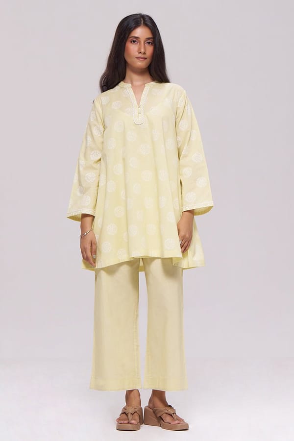 Butter Yellow Printed Cotton Kurta and Pants Co-ord Set — Ganga Fashions Pvt Ltd
