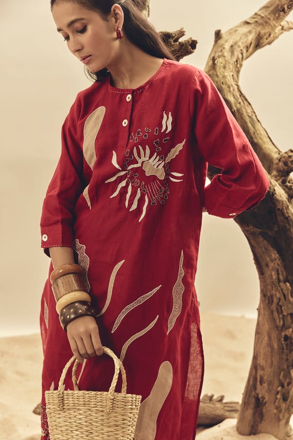 Crimson Linen Straight Maxi Dress with Applique Motif — Linen Bloom