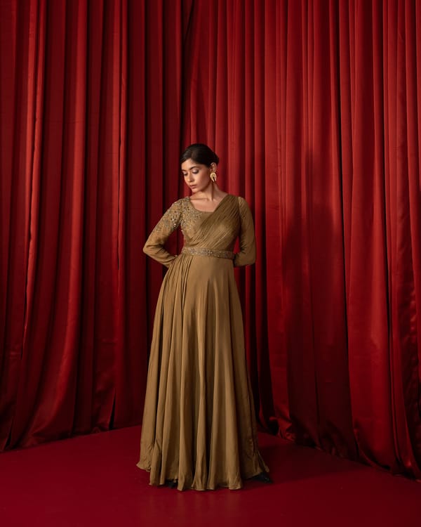 Golden Olive Embroidered Maxi Gown Dress — QUNIC