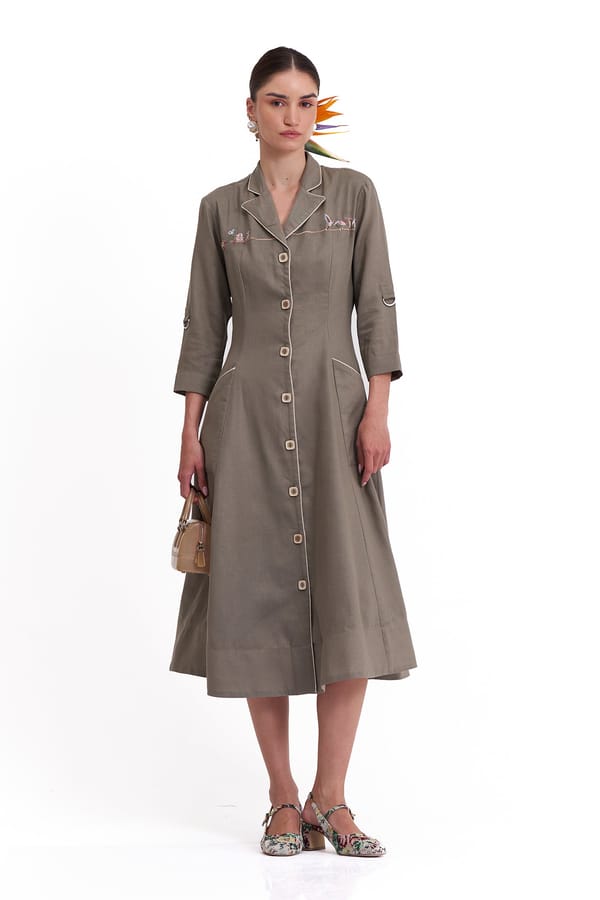 Olive Grey Cotton Linen Embroidered Shirt Midi Dress — Our Love