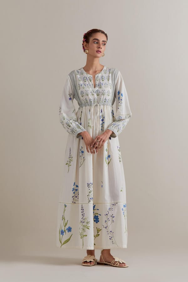 Off-White Floral Block Print Maxi Dress with Waist Tie — Upavita
