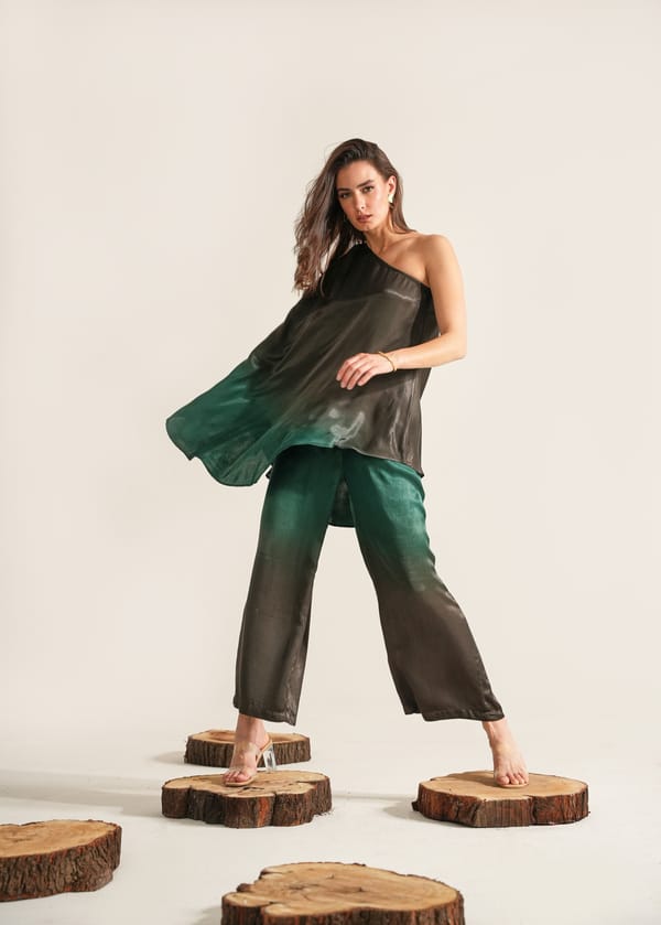 Black Ombre One-Shoulder Silk Co-ord Set — DORABI