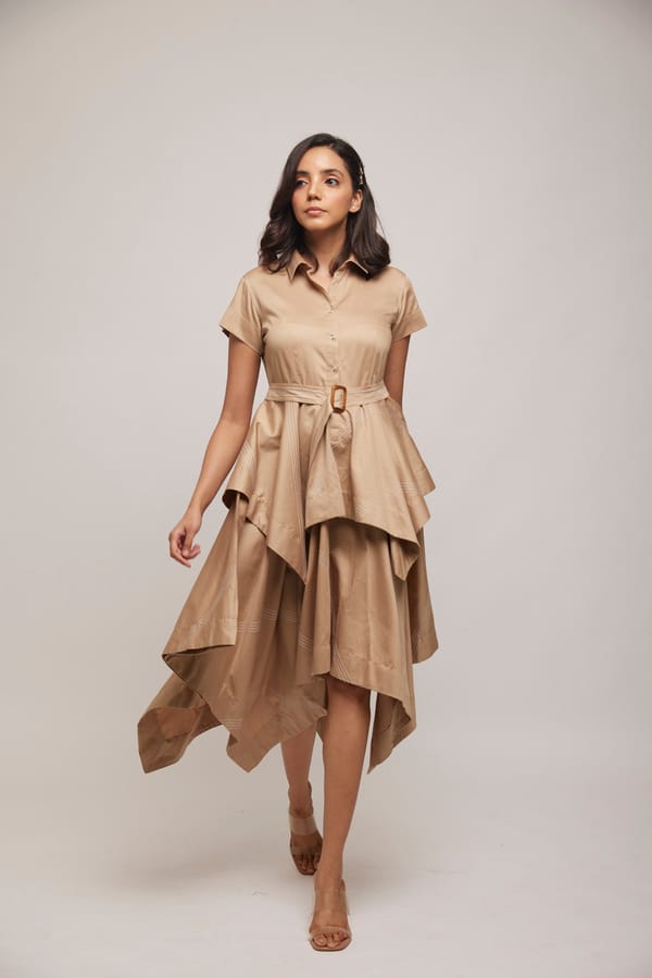 Beige-Gold Asymmetrical Layered Shirtdress with Belt — Escape By Aishwarya