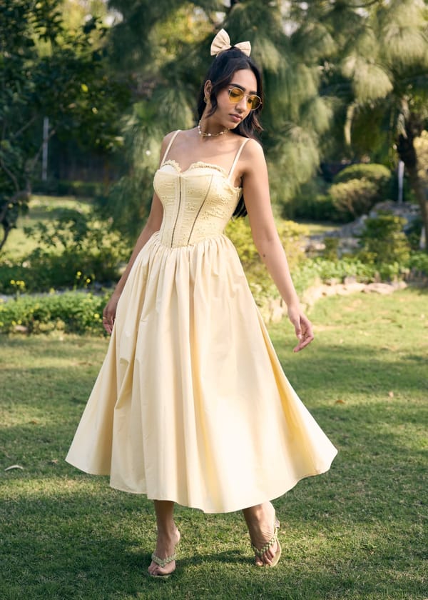 Yellow Schiffli Corset Midi Dress with Lace-Up Back — Lea Clothing