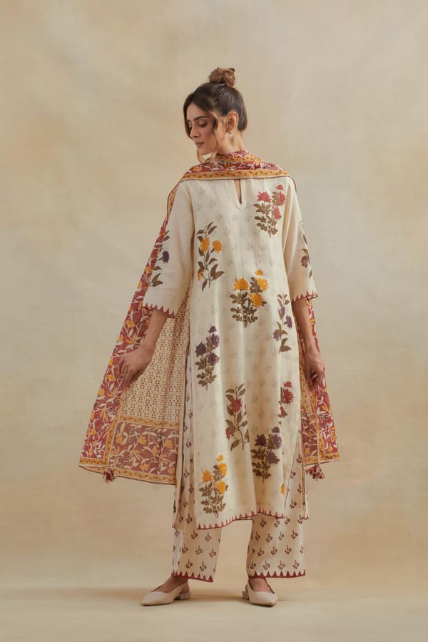 Beige Floral Block Print Straight Kurta Set with Dupatta — Upavita