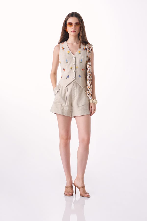 Neutral Linen Hand-Embroidered Floral Waistcoat — Our Love