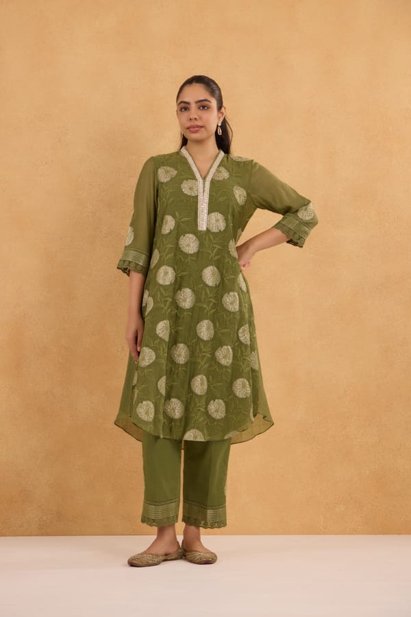 Tissue Patch Floral Embroidery Chanderi Kurta Set — Omi Clothing