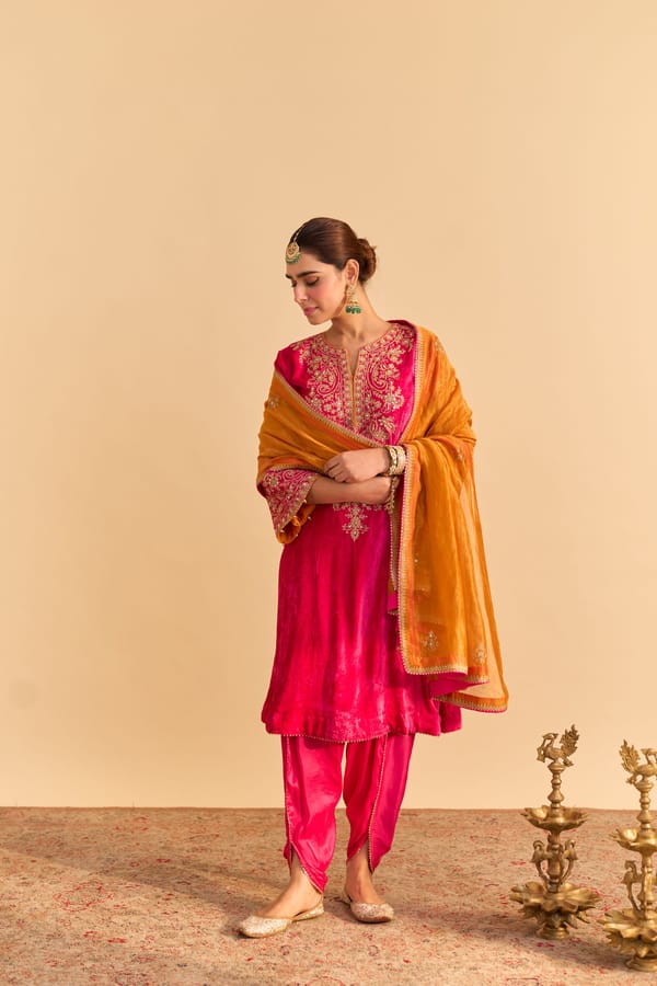 Hotpink Silk Velvet A-Line Kurta Set with Dhoti — Sheetal Batra