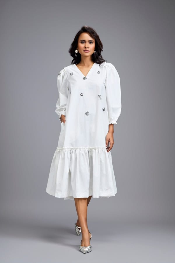 Long Gathered Hem Embellished Dress — Deepika Arora