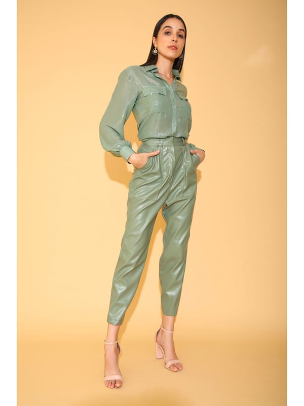 Aqua Blue Sequins Georgette Shirt with Balloon Sleeves — Torqadorn