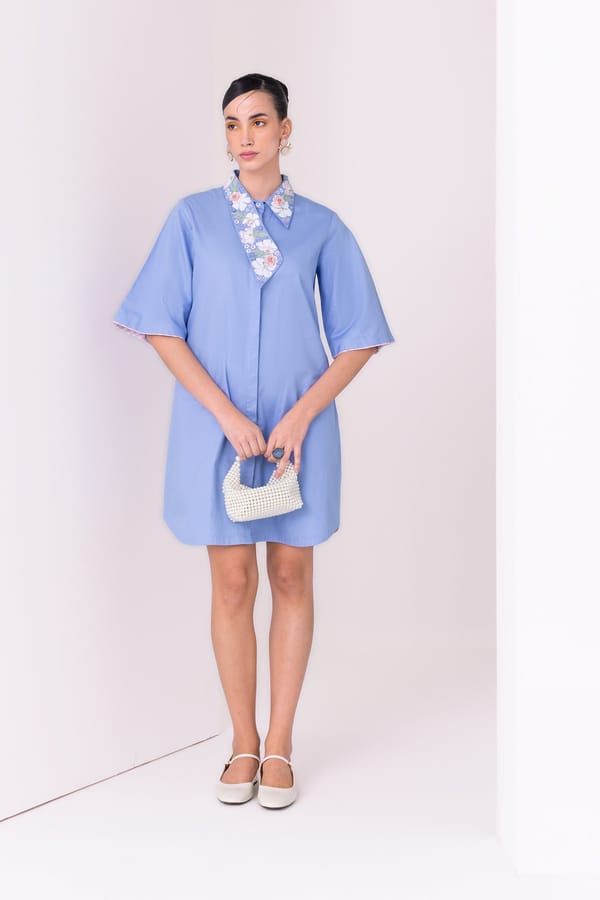 Blueberry Cotton Twill Mini Shirt Dress with Embroidered Collar — Our Love