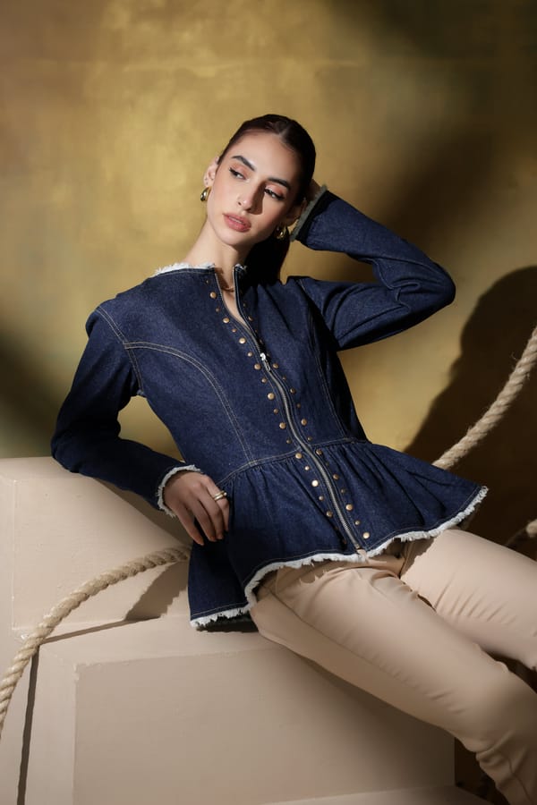 Dark Denim Peplum Jacket with Fringe Trim — Rhe-Ana