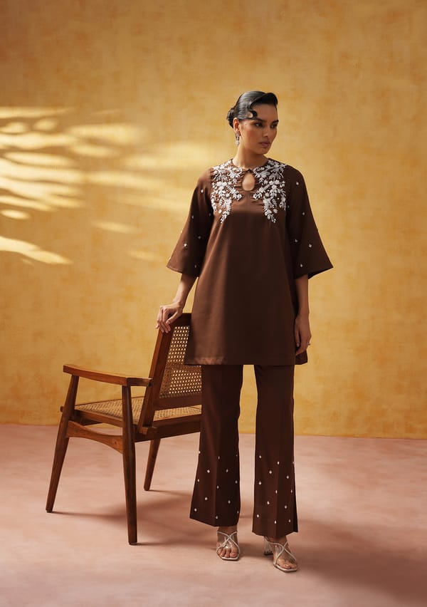 Chocolate Brown Embroidered Tunic and Flared Pants Co-ord Set — AMOSHI