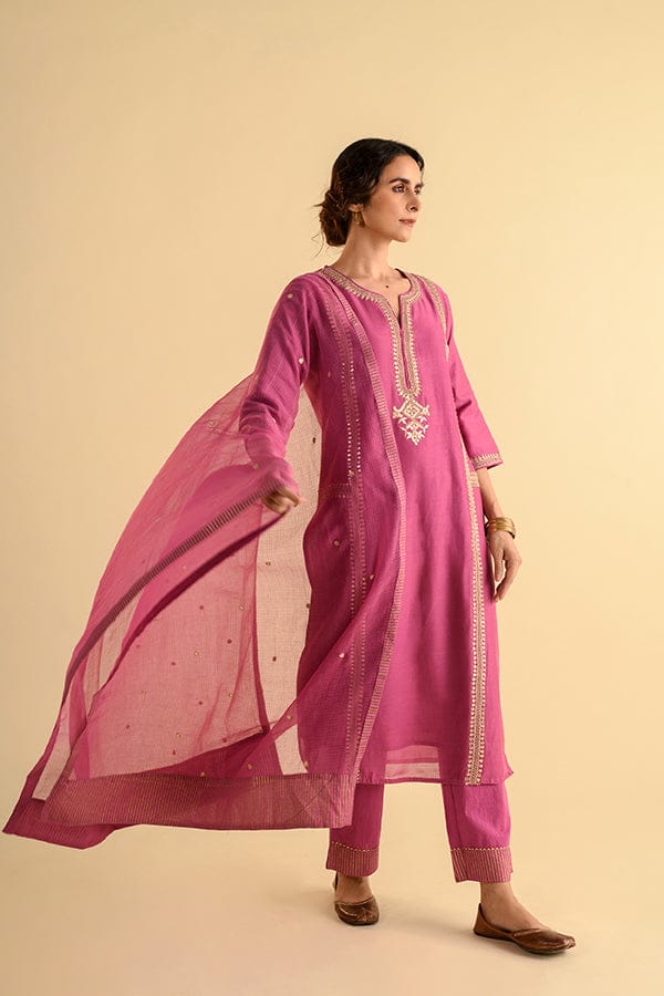 Pink Purple Gota Work Chanderi Straight Suit Set — Kameez
