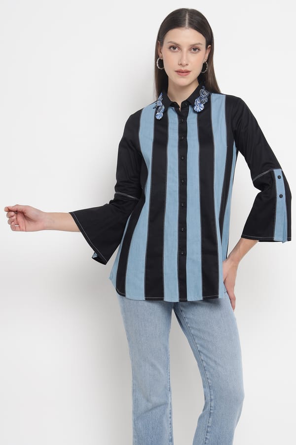 Black and Denim Blue Striped Shirt with Embroidered Collar — Our Love