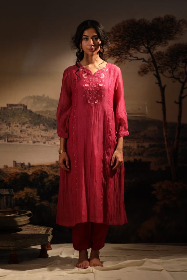 Hot Pink Embroidered Yoke Kurta Set with Pants and Slip — Tatwa Designs