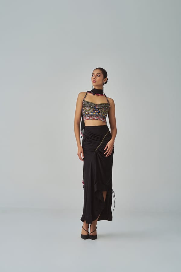 Black Silk Satin Asymmetric Midi Skirt with Zip Detail — Saaksha and Kinni
