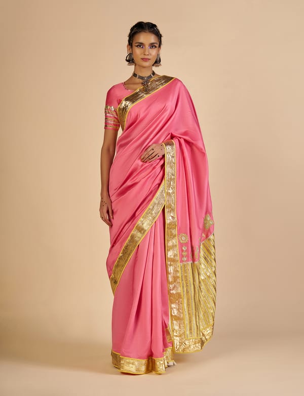 Pink Silk Chanderi Saree with Yellow Pallu and Gold Border — Gulabo by Abu Sandeep