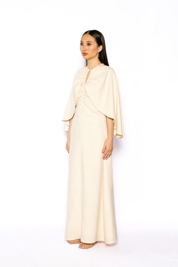 White Fit and Flare Maxi Dress with Cape Overlay — Contemponari