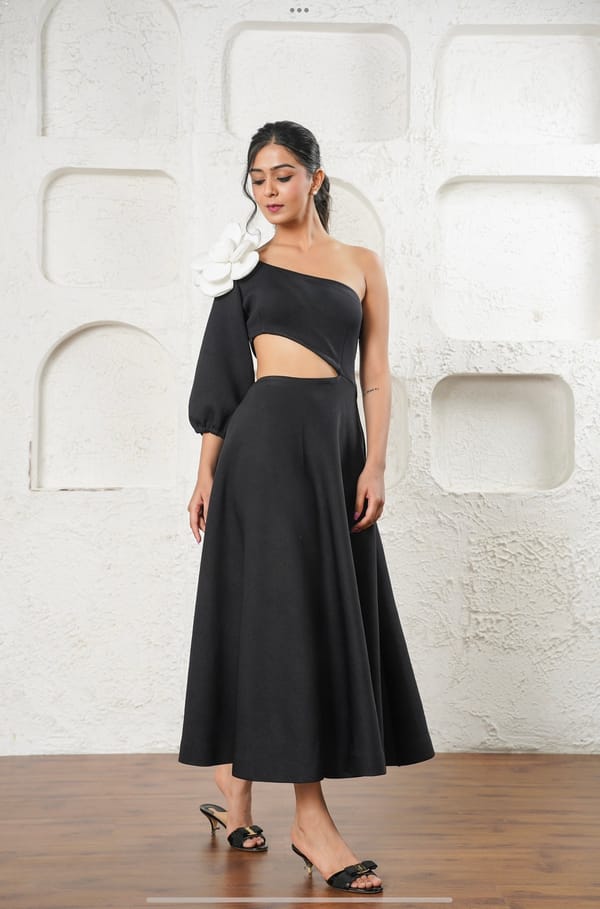Asymmetric Black Midi Dress — ADITI & PALLAVI
