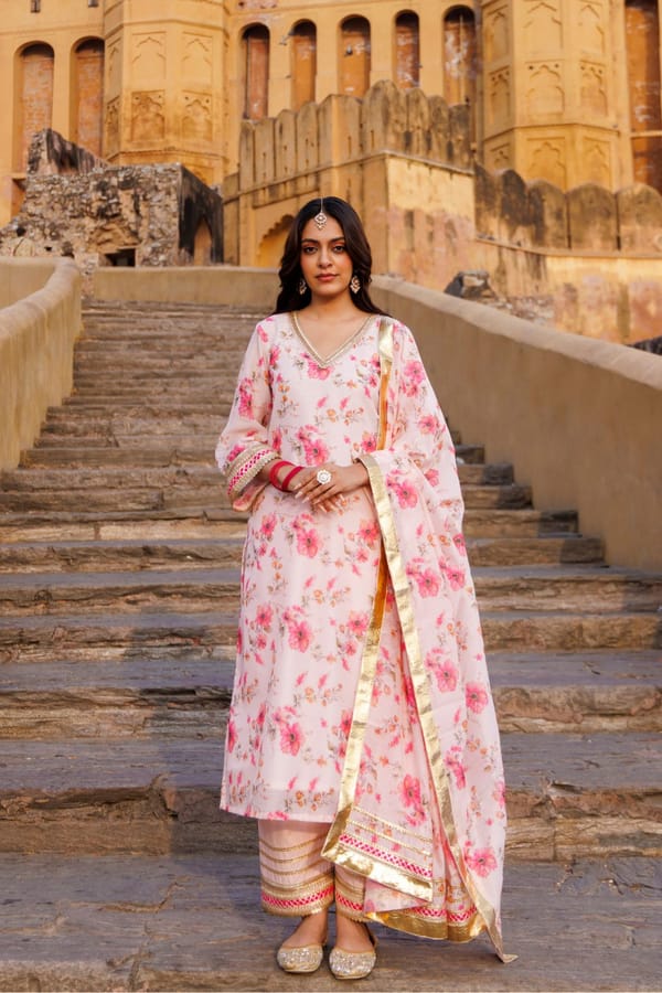Pink Floral Printed Chanderi Kurta Set — Bannhi by Priyanka Rathore