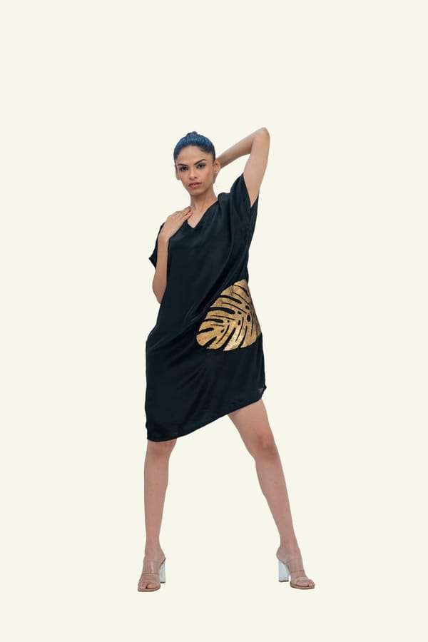 Black Crepe Dress with Dull Gold Embroidery — Richa Goenka