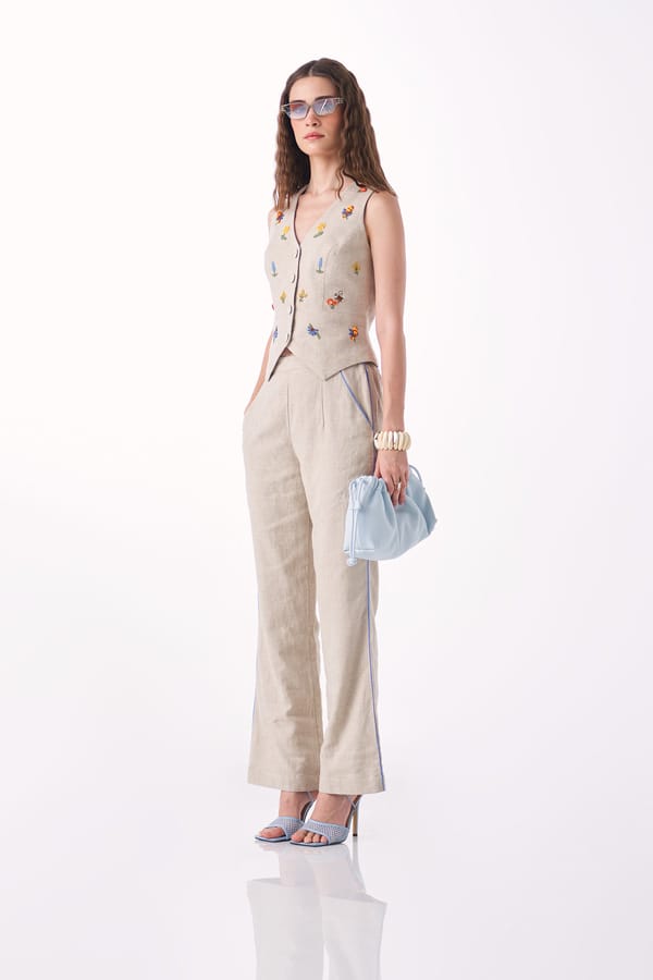 Neutral Linen Embroidered Waistcoat and Pants Co-ord Set — Our Love