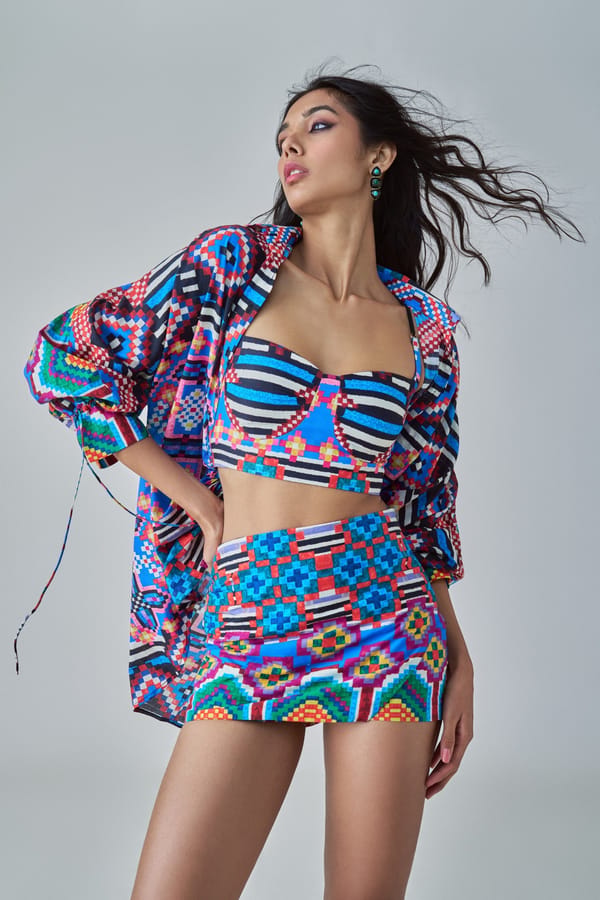 Blue/Multi Ikat-Inspired Printed Mini Skort — Saaksha and Kinni