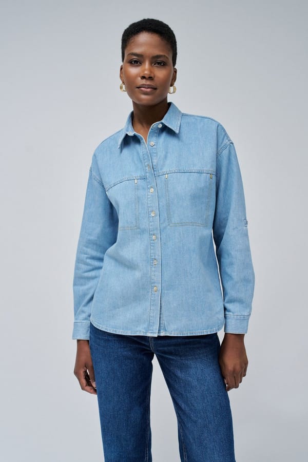 Light Blue Denim Button-Down Shirt with Patch Pockets — SALSA JEANS