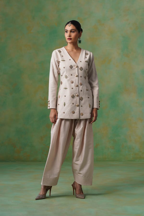 White Tweed Coat and Wide-Leg Pants Co-ord Set — NEETIKA CHOPRA