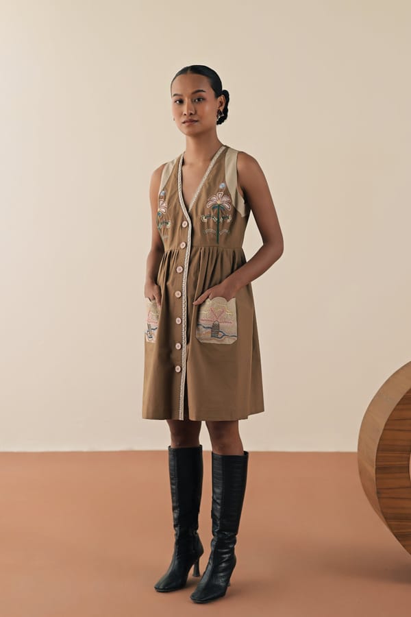 Walnut Embroidered Fit and Flare Knee-Length Dress — Love Kiki