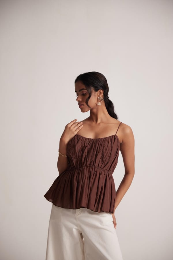 Wine Sleeveless Peplum Top With Gather On Waist — Western Era