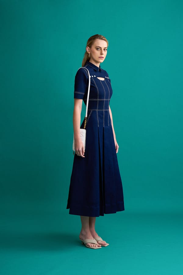 Navy Denim Fit and Flare Midi Dress with Cut-Out Neck — NOTEBOOK