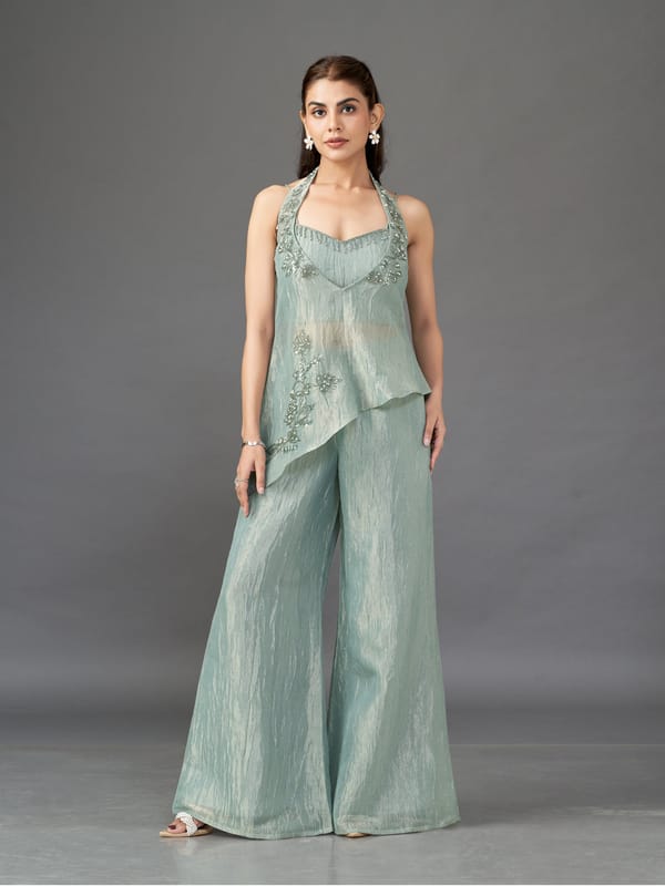 Mint Crushed Tissue Embellished Co-ord Set — QUNIC