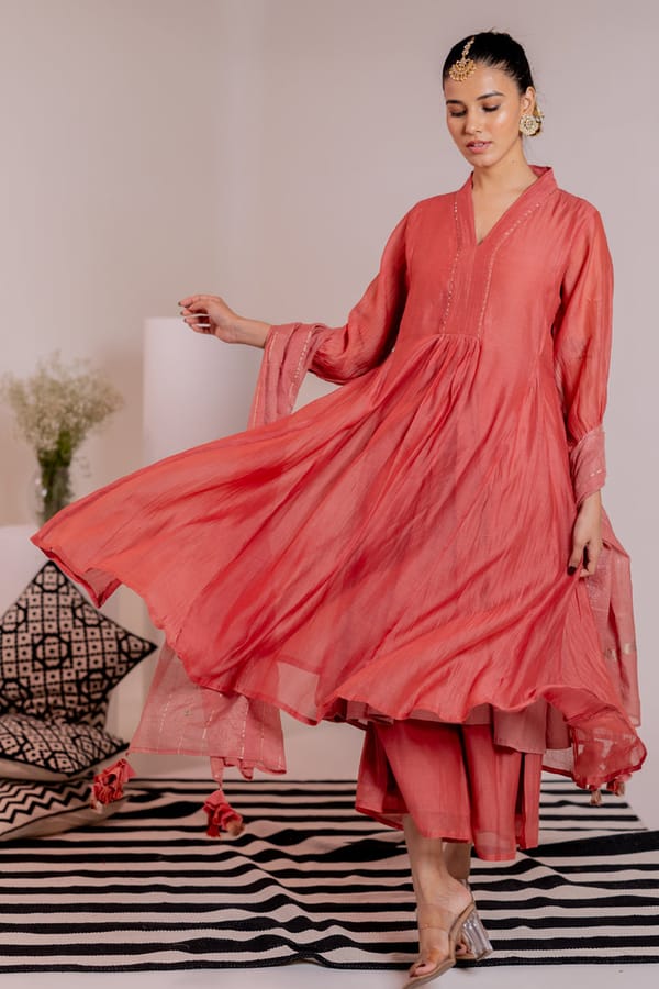 Rose Pink Flared Chanderi Kurta Set with Dupatta — Silai studio